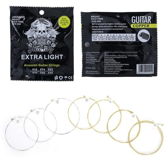 Juarez Extra Light Copper Wound Acoustic Guitar Strings Set – 0.010–0.048 Gauge, 7 Strings (Extra 1st String), Bright Copper Tone, Includes 2 Picks – For All Acoustic Guitars JAGSP300