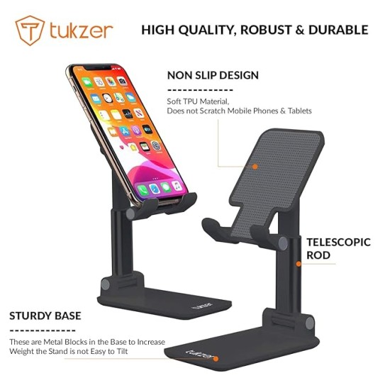 Tukzer Tabletop Fully Foldable Desktop Tablet Mobile Stand Holder with Angle & Height Adjustable for Desk, Cradle, Dock, Compatible with Smartphones & Tablets (Black)