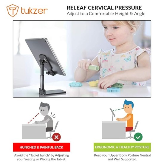 Tukzer Tabletop Fully Foldable Desktop Tablet Mobile Stand Holder with Angle & Height Adjustable for Desk, Cradle, Dock, Compatible with Smartphones & Tablets (Black)