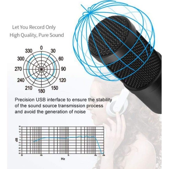 Powerpak BM-800 Black Condenser Microphone with Mini Pole Stand Pop Filter Shock Mount Foam Cap USB Cable | No Driver Just Plug and Play