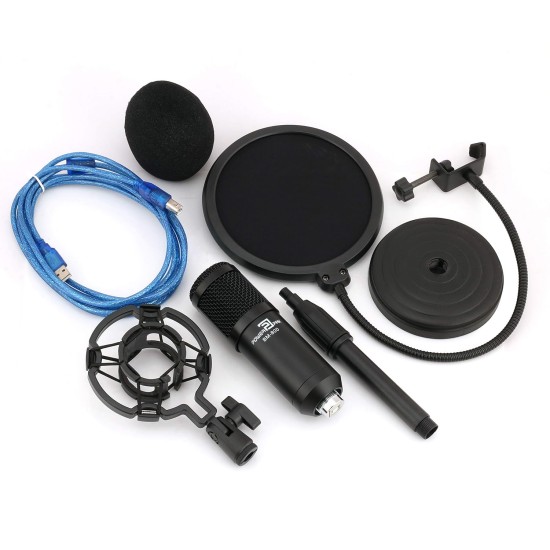 Powerpak BM-800 Black Condenser Microphone with Mini Pole Stand Pop Filter Shock Mount Foam Cap USB Cable | No Driver Just Plug and Play