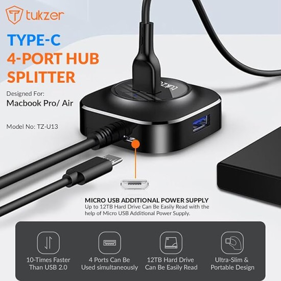 Tukzer USB C Hub Ultra-Slim USB-C Superspeed Adapter with 4 USB 3.0 Ports USB Type C Hub for All Laptops and More USB Type C Devices (TZ-U13 Black) Tukzer USB C Hub Ultra-Slim USB-C Superspeed Adapter with 4 USB 3.0 Ports USB Type C Hub for All Laptops and More USB Type C Devices (TZ-U13 Black)