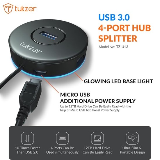 Tukzer 4-Ports USB A to USB 3.0 HUB with High-Speed Data Transfer & Fast Charging| Compatible for MacBook, Mac Mini, iMac Pro, Microsoft Surface, UltraBooks, Laptops, Notebooks & Desktops (Black)