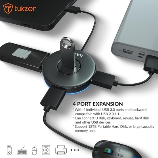 Tukzer 4-Ports USB A to USB 3.0 HUB with High-Speed Data Transfer & Fast Charging| Compatible for MacBook, Mac Mini, iMac Pro, Microsoft Surface, UltraBooks, Laptops, Notebooks & Desktops (Black)