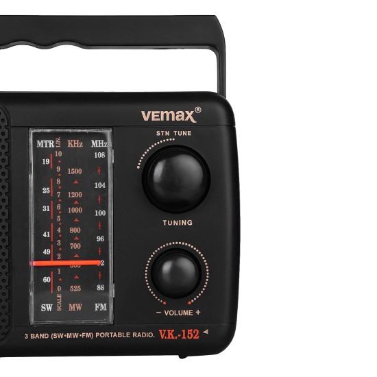 Vemax Base 3-Band (FM/AM/MW) Portable Radio (Black)