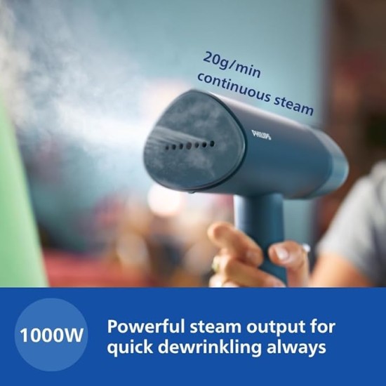 PHILIPS Handheld Garment Steamer STH3000/20 - Compact & Foldable, Convenient Vertical Steaming, 1000 Watt Quick Heat Up, up to 20g/min, Kills 99.9%* Bacteria (Reno Blue)