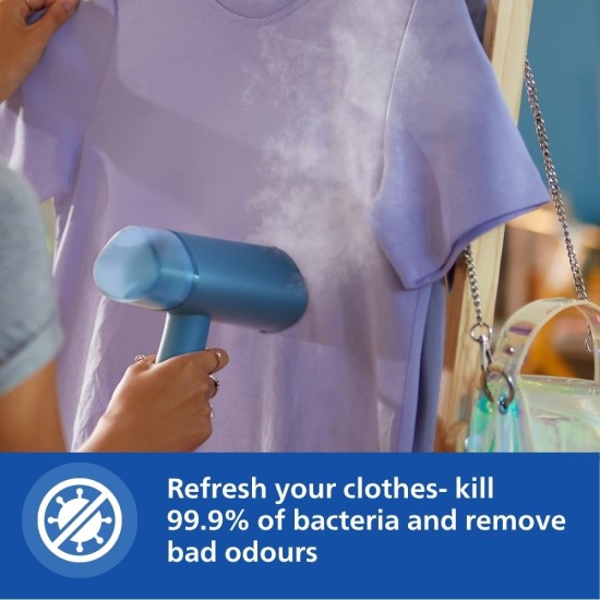 PHILIPS Handheld Garment Steamer STH3000/20 - Compact & Foldable, Convenient Vertical Steaming, 1000 Watt Quick Heat Up, up to 20g/min, Kills 99.9%* Bacteria (Reno Blue)