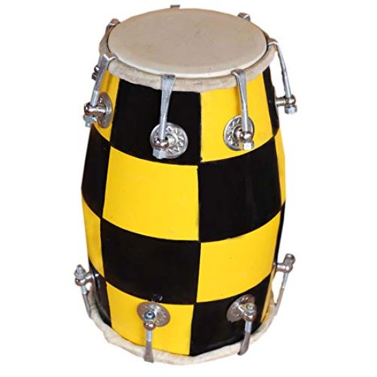 GT manufacture Handmade Wooden 14'' Baby Dholak Nut & Bold Dholak with Beautyfull chack desine01 (Yellow)