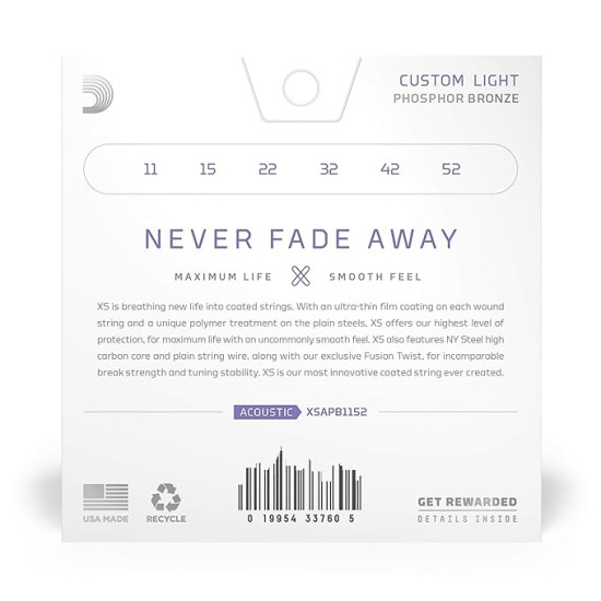 D'Addario XS Acoustic Guitar coated Strings Phosphor Bronze, Custom Light, 11-52 (XSAPB1152)