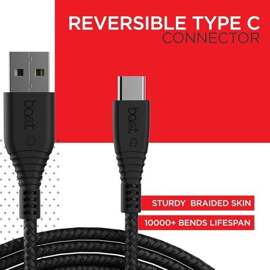 boAt Type C A325/A320 Tangle-Free, Sturdy Type C Cable, Usb Cablewith 3A Rapid Charging & 480 Mbps Data Transmission Speed, Compatible With Smartphones & Tablets 1.5Meter (Black)
