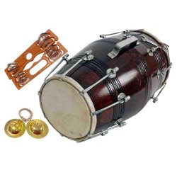 GT manufacture Professinal Mango wood Nut & Bold fitting Dholak with Manjira&Khartal Free(Brown)