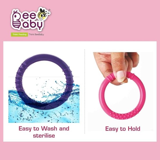 BeeBaby Loops Shape Soft Silicone Teether for 6 to 12 Months with Carry Case, BPA Free Teething Toy for Babies with Textured Surface for Soothing Gums. 100% Food Grade (Loops - Pink_Violet) Pack of 2 BeeBaby Loops Shape Soft Silicone Teether for 6 to 12 Months with Carry Case, BPA Free Teething Toy for Babies with Textured Surface for Soothing Gums. 100% Food Grade (Loops - Pink_Violet) Pack of 2