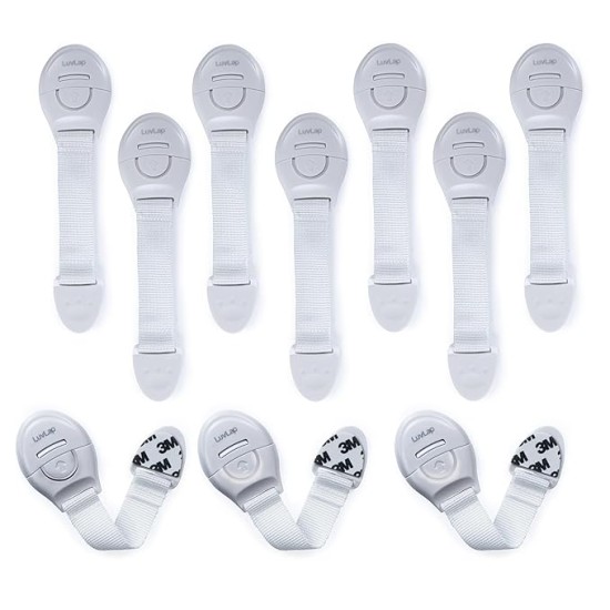 LuvLap Baby Safety Furniture Locks, Pack of 10, Adjustable and Flexible with 3M Adhesive, Safety Locks for Kids, Child Safety Locks for Drawers, Cabinets, Fridge, Cupboard (White)