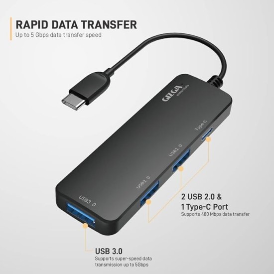 Gizga Essentials Type-C 4 Port Adapter Hub, Fast Data Transfer, USB 3.0 Ports, Multi-System Compatible, MacBook & Type-C Devices, for Windows/Mac OS/Linux, 5GBPS, Voltage Protection, Black