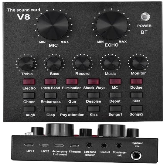 Powerpak V8 Portable Audio Mixer Interface, Bluetooth Sound Card for Live Streaming, Recording, Podcast,Voice Change/Karaoke/Gaming/Singing with Sound Effects, 3.5mm Mic Jack for Guitar