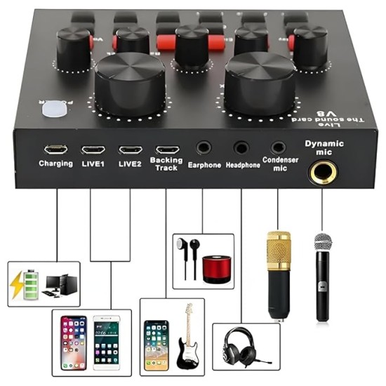 Powerpak V8 Portable Audio Mixer Interface, Bluetooth Sound Card for Live Streaming, Recording, Podcast,Voice Change/Karaoke/Gaming/Singing with Sound Effects, 3.5mm Mic Jack for Guitar