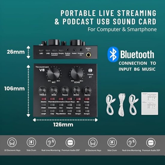 Powerpak V8 Portable Audio Mixer Interface, Bluetooth Sound Card for Live Streaming, Recording, Podcast,Voice Change/Karaoke/Gaming/Singing with Sound Effects, 3.5mm Mic Jack for Guitar