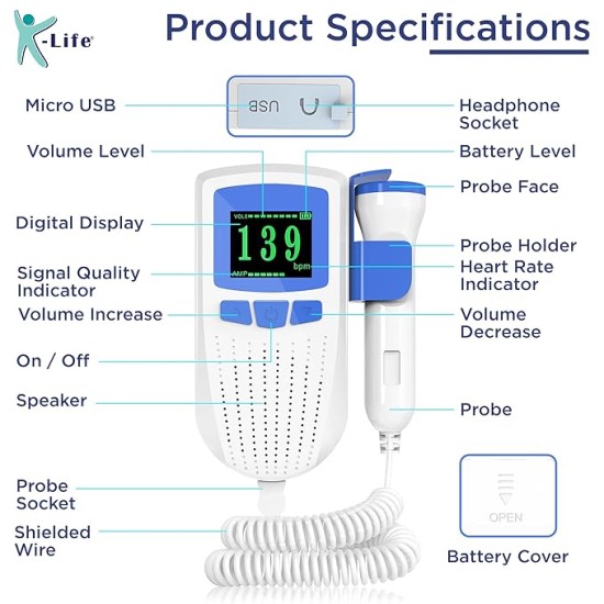 K-Life Model FD-101 Heartbeat Rate Detection Monitor with in-Built Speaker Fetal Doppler (White)
