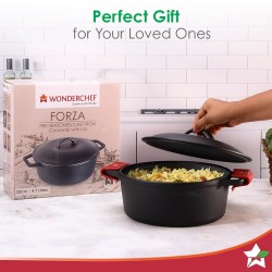 Wonderchef Forza 25 cm Cast-Iron Casserole with Lid | Pre-Seasoned Cookware | Induction Friendly | 4.7 L | 3.8 mm with Lifetime Exchange Warranty