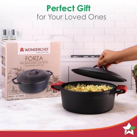Wonderchef Forza 25 cm Cast-Iron Casserole with Lid | Pre-Seasoned Cookware | Induction Friendly | 4.7 L | 3.8 mm with Lifetime Exchange Warranty