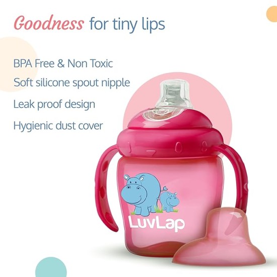 Luvlap Hippo Spout Sipper for Infant/Toddler, 225ml, Anti-Spill Sippy Cup with Soft Silicone Spout BPA Free, 6m+ (Pink)