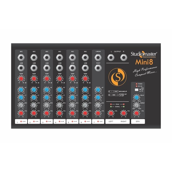 Studiomaster Mini 8 Built-in echo/delay processor with unique E-delay Studiomaster Mini 8 Built-in echo/delay processor with unique E-delay