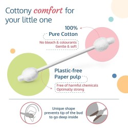LuvLap Baby Comfy Safety Tip Cotton Buds with Ear Cleaning Protection, Unbleached Cotton, Pack of 100 Sticks,200 Buds White