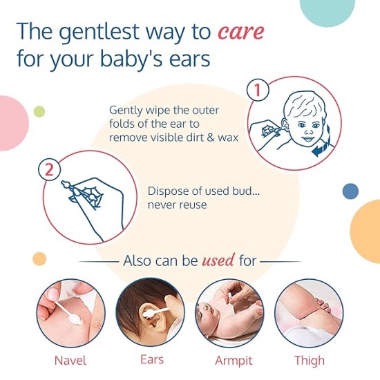 LuvLap Baby Comfy Safety Tip Cotton Buds with Ear Cleaning Protection, Unbleached Cotton, Pack of 100 Sticks,200 Buds White