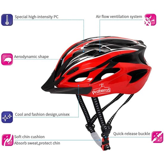 PROBEROS® Bicycle Helmet with Adjustable Lightweight Mountain Helmet for Cycling for Men and Women, Cycling Helmet(Red) PROBEROS® Bicycle Helmet with Adjustable Lightweight Mountain Helmet for Cycling for Men and Women, Cycling Helmet(Red)