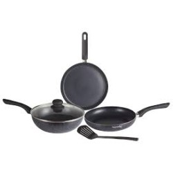 Nouvetta Andria Non-Stick Cookware Set of 5 peices(Dosa Tawa, Kadhai,Frying Pan, Glass Lid,Serving Spoon), Thickness of 3 mm, Black