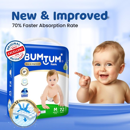 Bumtum Baby Diaper Pants, Medium Size, 72 Count, Double Layer Leakage Protection Infused With Aloe Vera, Cottony Soft High Absorb Technology (Pack of 1) Bumtum Baby Diaper Pants, Medium Size, 72 Count, Double Layer Leakage Protection Infused With Aloe Vera, Cottony Soft High Absorb Technology (Pack of 1)