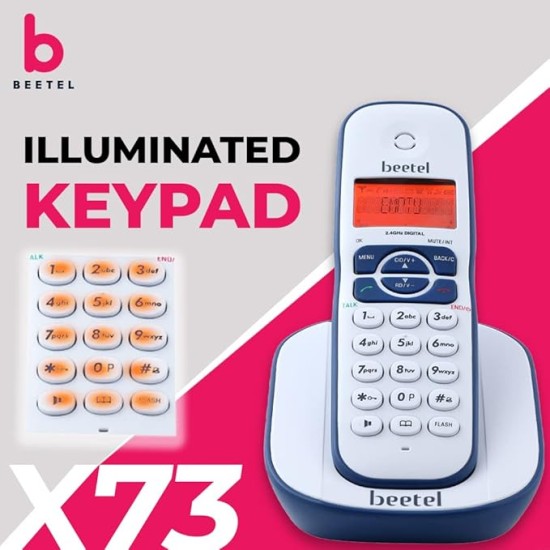 Beetel X73 Cordless 2.4Ghz Cordless Landline Phone with Caller ID Display, 2-Way Speaker Phone with Volume Controls, Auto Answer, Alarm Function, Stylish Design (Blue/White)(X73)