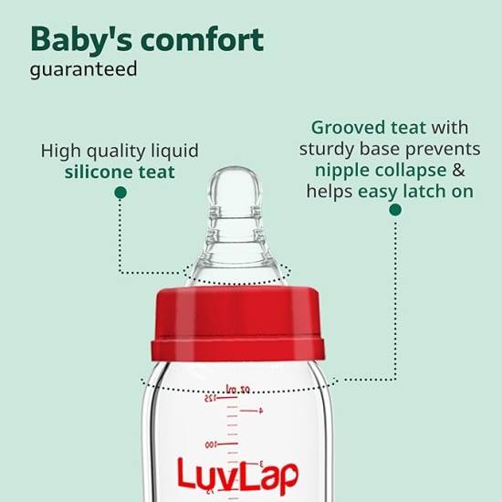 LuvLap Essential Slim Neck Glass Feeding Bottle, 250ml, 3m+ / Infants/Toddler Upto 3 Years, Madeof Borosilicate Glass, BPA Free, Ergonomic Shape is Easy to Hold, with Anti Colic Nipple, Pack of 2