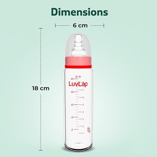 LuvLap Essential Slim Neck Glass Feeding Bottle, 250ml, 3m+ / Infants/Toddler Upto 3 Years, Madeof Borosilicate Glass, BPA Free, Ergonomic Shape is Easy to Hold, with Anti Colic Nipple, Pack of 2