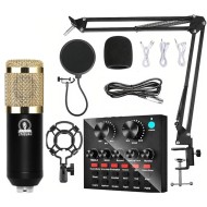 ZHIZUKA BM800 Condenser Microphone Set V8 Sound Card Mixer Amplifier Voice Changer Audio Interface | Singing Smule Live Streaming Podcast Broadcasting (3.5mm Mic + Sound Card, Gold)