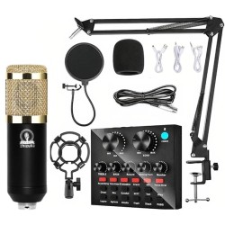 ZHIZUKA BM800 Condenser Microphone Set V8 Sound Card Mixer Amplifier Voice Changer Audio Interface | Singing Smule Live Streaming Podcast Broadcasting (3.5mm Mic + Sound Card, Gold)
