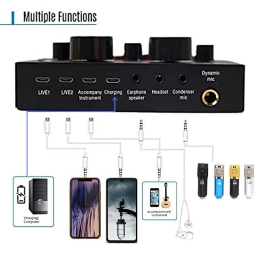 ZHIZUKA BM800 Condenser Microphone Set V8 Sound Card Mixer Amplifier Voice Changer Audio Interface | Singing Smule Live Streaming Podcast Broadcasting (3.5mm Mic + Sound Card, Gold)