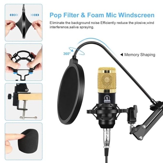 ZHIZUKA BM800 Condenser Microphone Set V8 Sound Card Mixer Amplifier Voice Changer Audio Interface | Singing Smule Live Streaming Podcast Broadcasting (3.5mm Mic + Sound Card, Gold)