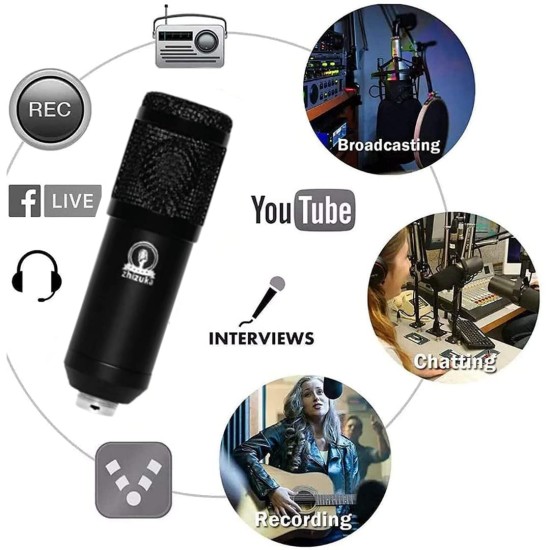 ZHIZUKA Condenser USB Microphone Set V8 Sound Card Mixer Amplifier Voice Changer Audio Interface | Singing Smule Live Streaming Podcast Broadcasting (3.5 Mm Mic + Sound Card, Black)