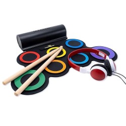 Powerpak G3001L-R Electronic Drum Kit | Built-In Li-Battery 2000mAh & Roll Up Drum Pad | Portable Rechargeable with Built-In Dual Speaker | 2x Pedals/2x Sticks (Rainbow)