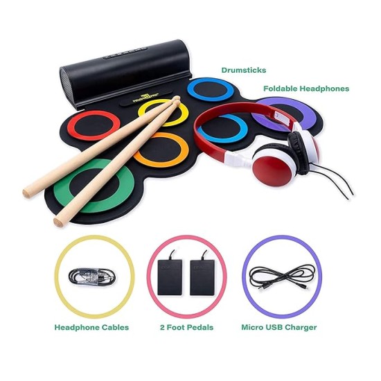 Powerpak G3001L-R Electronic Drum Kit | Built-In Li-Battery 2000mAh & Roll Up Drum Pad | Portable Rechargeable with Built-In Dual Speaker | 2x Pedals/2x Sticks (Rainbow)