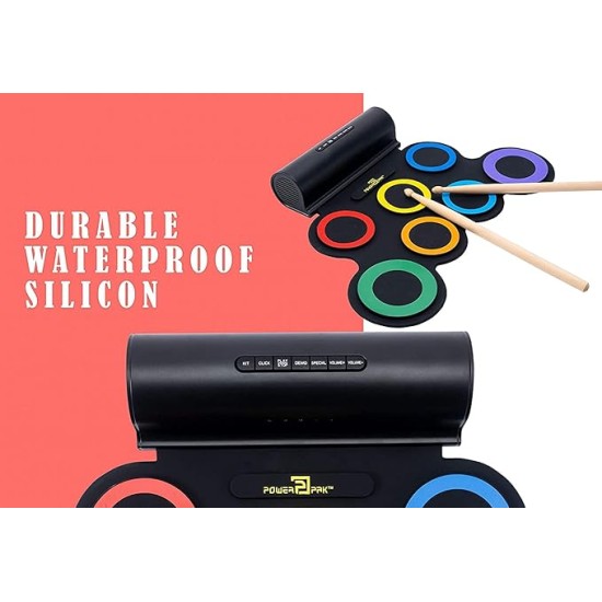 Powerpak G3001L-R Electronic Drum Kit | Built-In Li-Battery 2000mAh & Roll Up Drum Pad | Portable Rechargeable with Built-In Dual Speaker | 2x Pedals/2x Sticks (Rainbow)