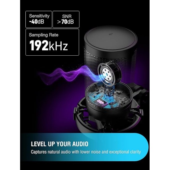 Fifine A6V USB Gaming Condenser Microphone with RGB, Quick Mute, Pop Filter, Shock Mount & Gain Control – Ideal for PC, PS5, Streaming, Discord, Twitch, Podcasts & Videos (Black)