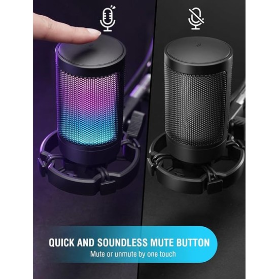 Fifine A6V USB Gaming Condenser Microphone with RGB, Quick Mute, Pop Filter, Shock Mount & Gain Control – Ideal for PC, PS5, Streaming, Discord, Twitch, Podcasts & Videos (Black)