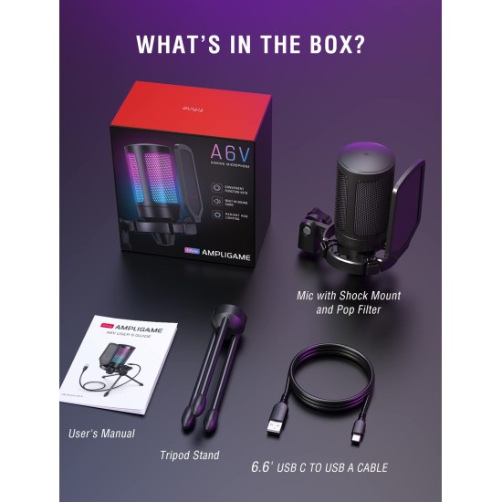 Fifine A6V USB Gaming Condenser Microphone with RGB, Quick Mute, Pop Filter, Shock Mount & Gain Control – Ideal for PC, PS5, Streaming, Discord, Twitch, Podcasts & Videos (Black)