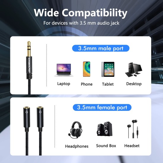 Kinsound Headphone Splitter, 3.5mm TRRS Stereo Adapter Dual Headphone Auxiliary Splitter Support Mic & Audio Compatible with Smartphone, Tablet, Laptop
