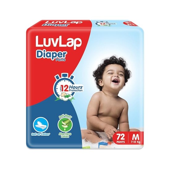 LuvLap Baby Diaper Pants M Size (Medium) , Pack of 72 Count, For babies of 7 to 12Kg with Aloe Vera Lotion for rash protection, with upto 12Hr protection LuvLap Baby Diaper Pants M Size (Medium) , Pack of 72 Count, For babies of 7 to 12Kg with Aloe Vera Lotion for rash protection, with upto 12Hr protection