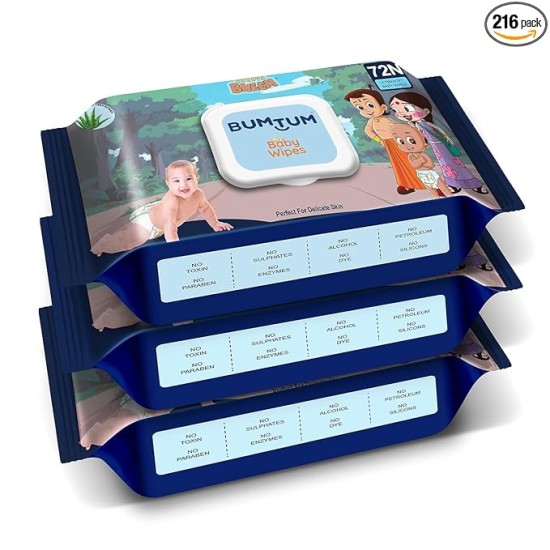 Bumtum Baby Chota Bheem Gentle Soft Moisturizing Wet Wipes With Lid | 20 X 14Cm, Aloe Vera & Chamomile Extracts | Paraben & Sulfate Free (Pack of 3, 72 Pcs. Per Pack)