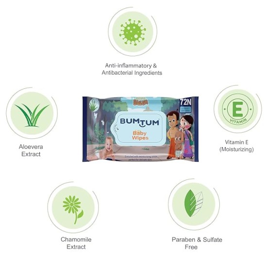 Bumtum Baby Chota Bheem Gentle Soft Moisturizing Wet Wipes With Lid | 20 X 14Cm, Aloe Vera & Chamomile Extracts | Paraben & Sulfate Free (Pack of 3, 72 Pcs. Per Pack)