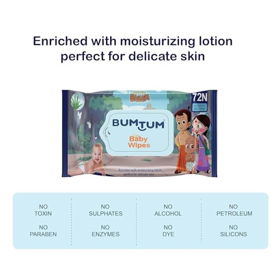 Bumtum Baby Chota Bheem Gentle Soft Moisturizing Wet Wipes With Lid | 20 X 14Cm, Aloe Vera & Chamomile Extracts | Paraben & Sulfate Free (Pack of 3, 72 Pcs. Per Pack)